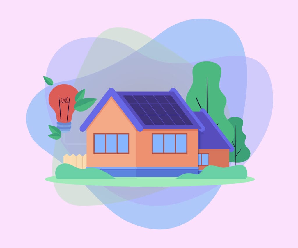 House with solar panels and big lightbulb vector illustration - HEEC Massachusetts