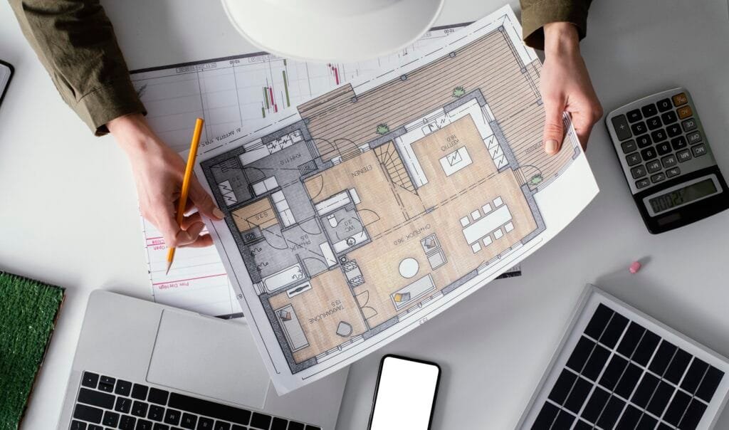 Designer working on construction drawings - REScheck and COMcheck energy code report in Barre, MA