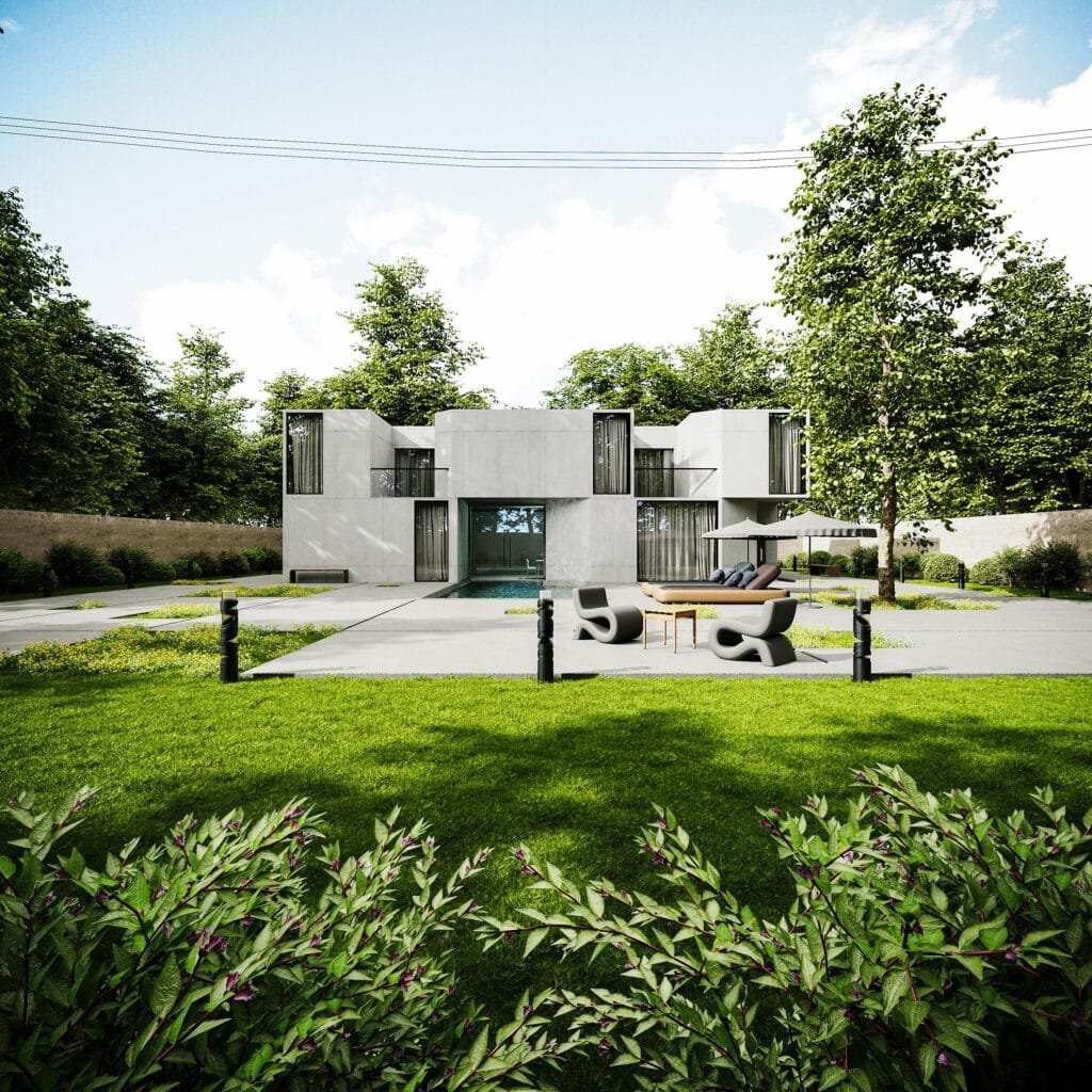 Modern white house set behind a landscaped garden - ENERGY STAR certification in Wayland, MA