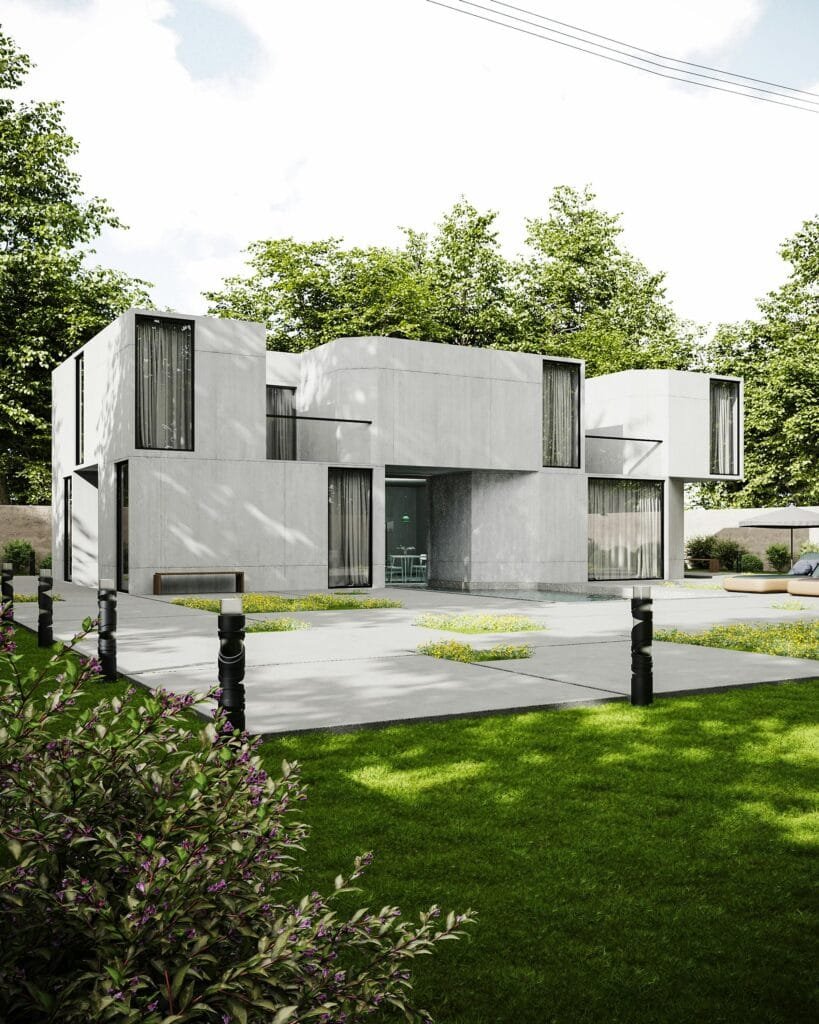 Modern gray two-story house beside a lawn and walkway - ENERGY STAR certification in Berlin, MA