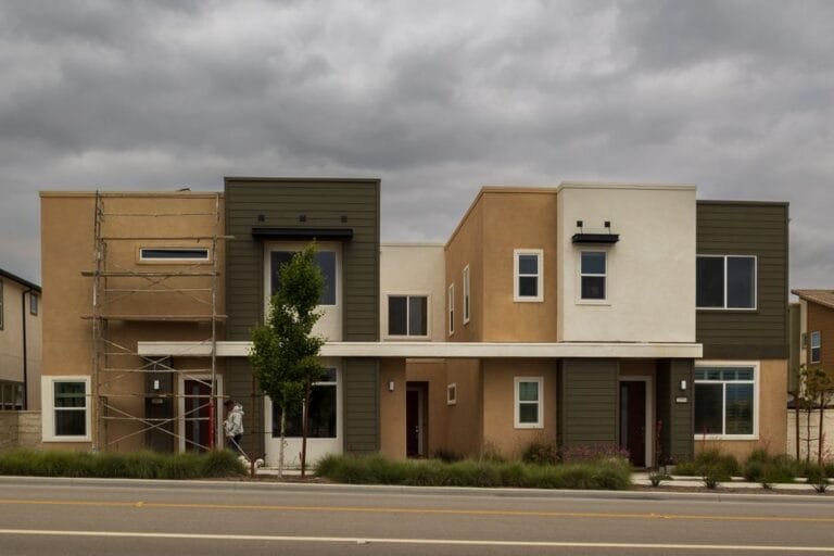 Row of modern townhouses in tan and gray stucco under cloudy skies - HERS rating in Barnstable, MA