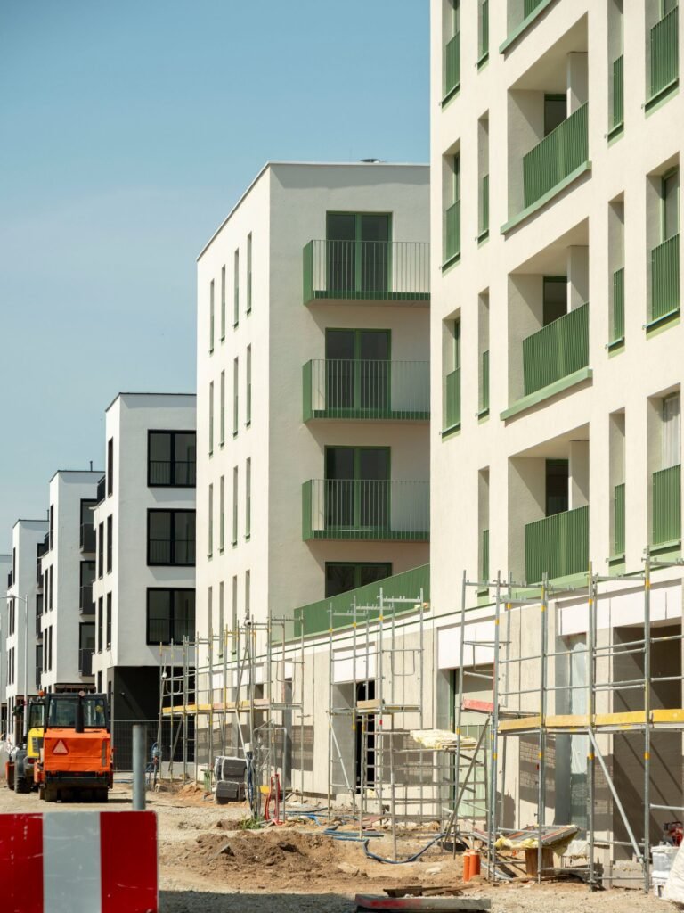 New white apartment buildings with rows of recessed balconies - HERS rating in Bernardston, MA