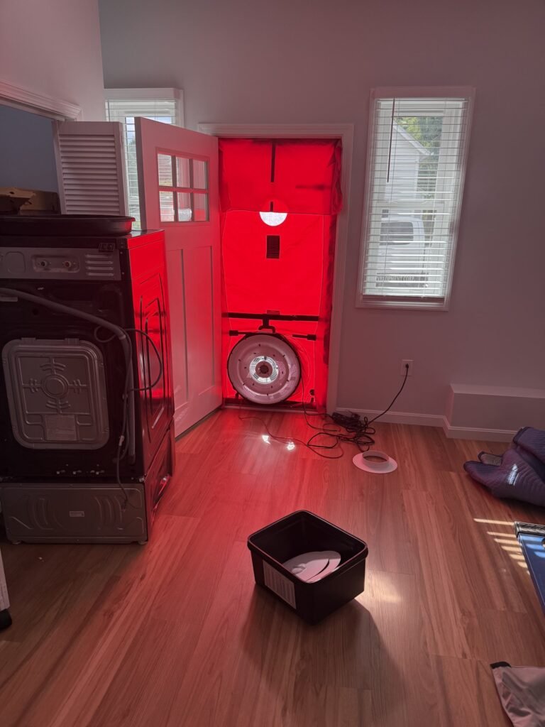 Blower door fan set up in a side entry door next to the laundry area with the house depressurized – HEEC blower door testing for Wellesley, MA homes