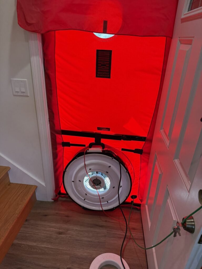 Close view of the blower door fan and red nylon panel sealed into a front door frame