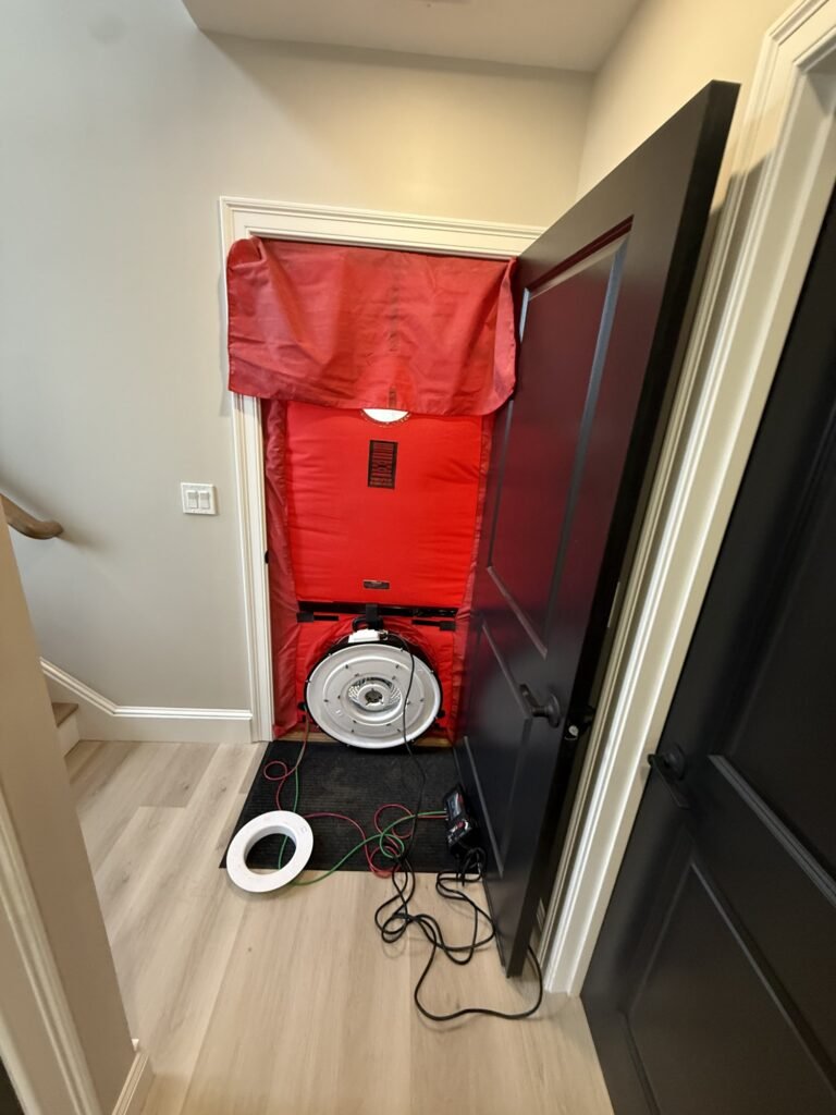 Blower door frame fitted into a front door on a light vinyl plank floor – HEEC blower door testing for Middlefield, MA homes