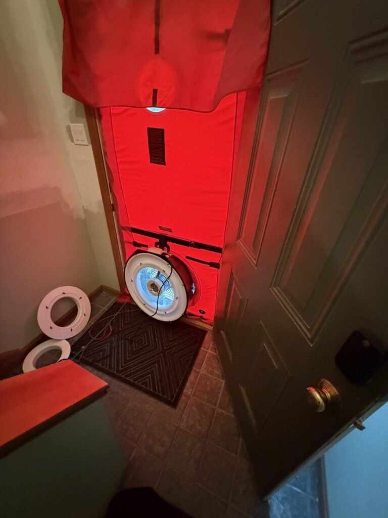 Blower door installed in a tiled entry above a doormat - blower door testing in Newton, MA