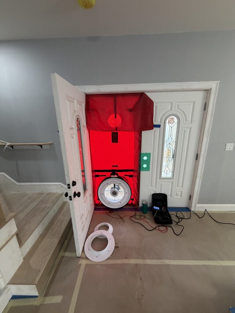 Blower door in a new home entry beside the stairway with paper-covered floors - blower door testing in Cambridge, MA