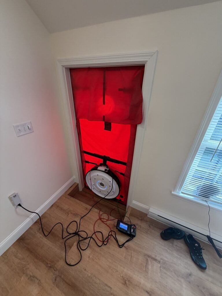 Blower door frame in a white entry door with the gauge and tubing on the floor – HEEC blower door testing for Hanover, MA homes