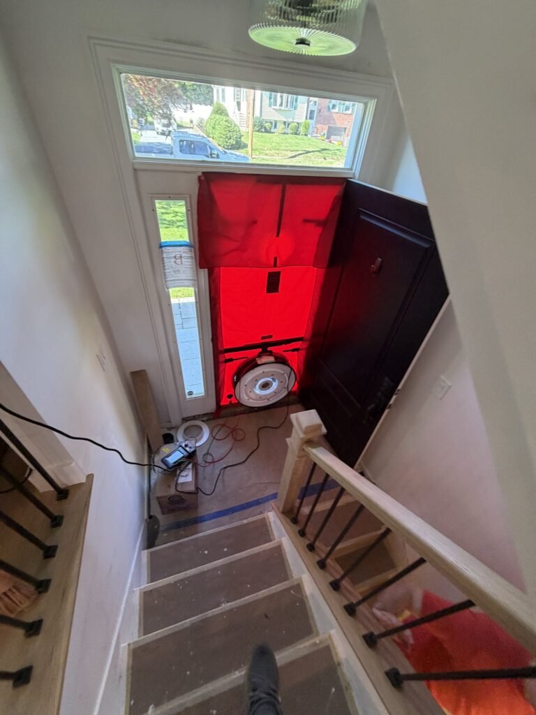 Blower door set up in a front entry with a transom and sidelight, seen from the top of a carpeted staircase - blower door testing in Ashfield, MA