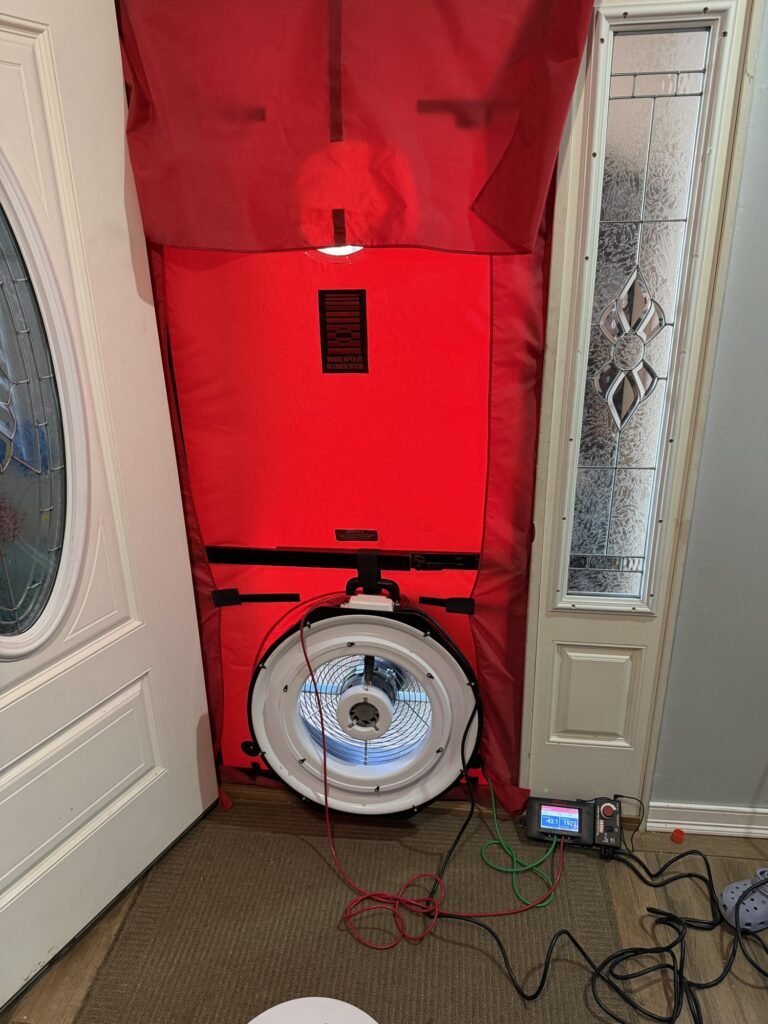 Blower door fan sealed into a front door with leaded glass sidelights