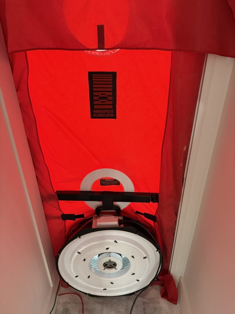 Close view of the calibrated fan and flow ring sealed into a red nylon door panel - blower door testing in Acushnet, MA