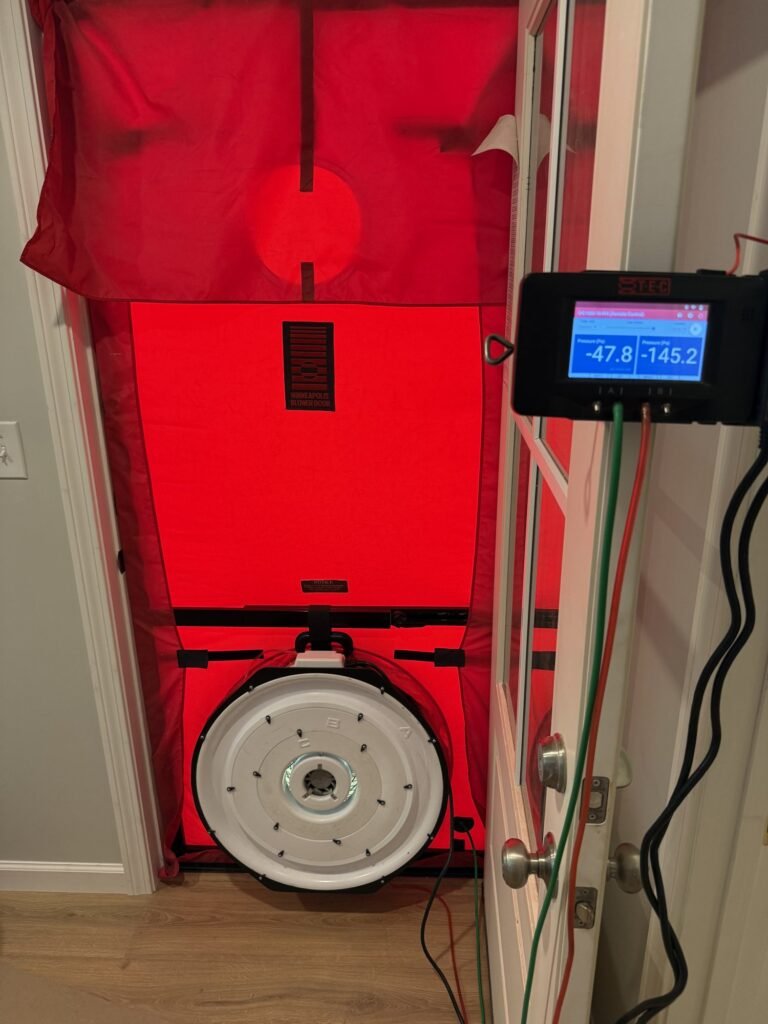 Blower door manometer showing house pressure and fan pressure during a depressurization test