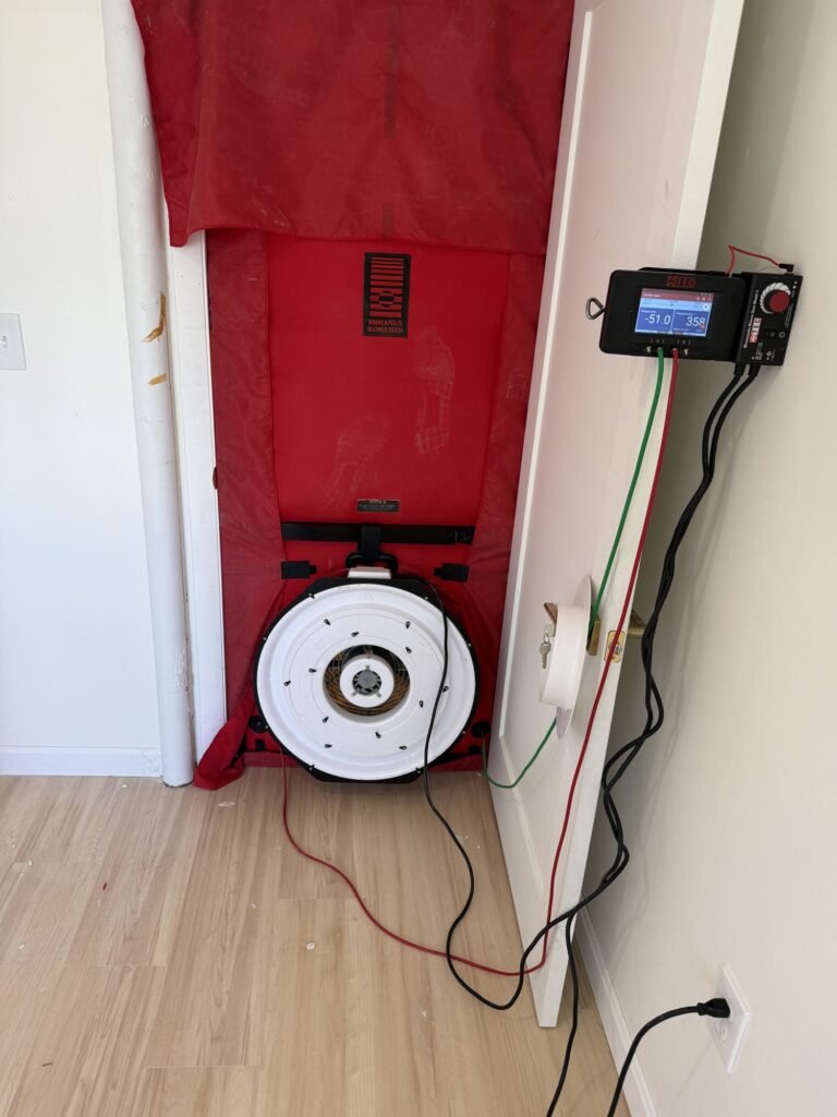 Blower door frame with the digital gauge mounted on the door in a new home – HEEC blower door testing for Heath, MA homes