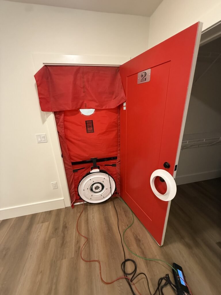 Blower door installed in a red apartment unit entry door during a multifamily test