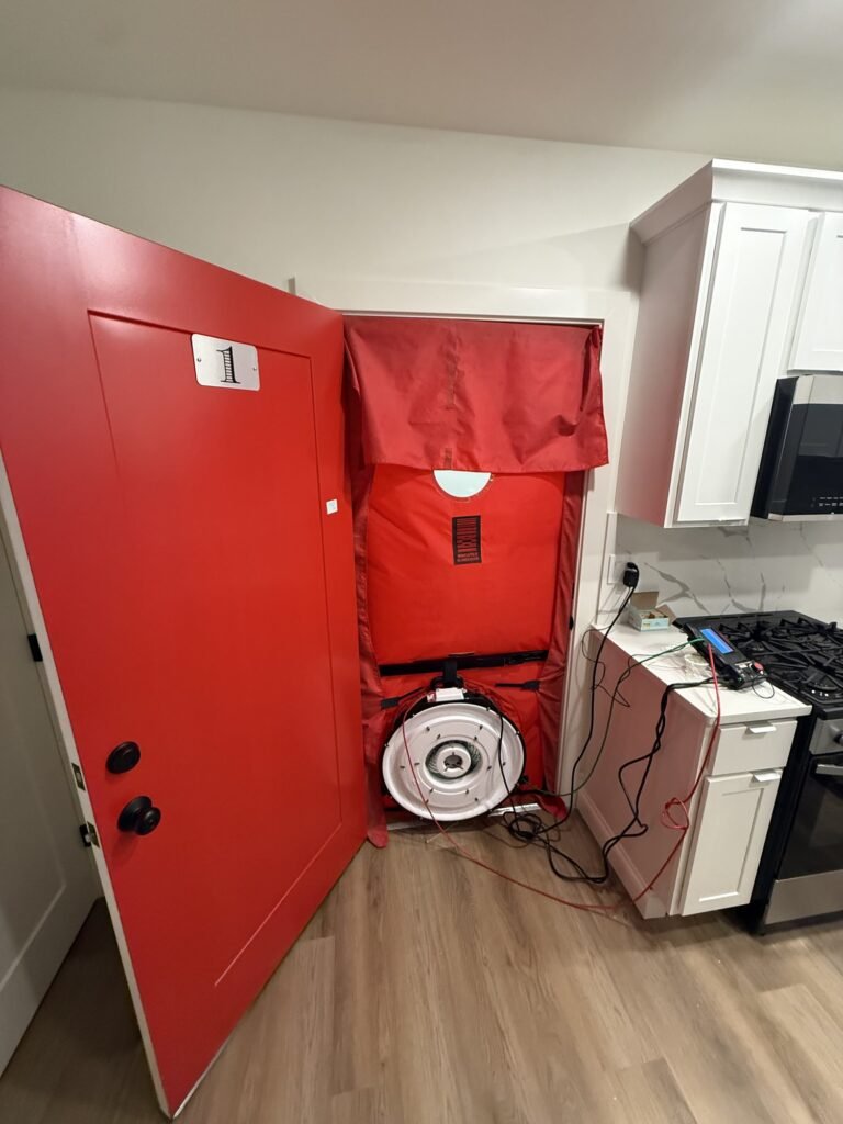 Blower door in an apartment unit door beside the kitchen for a compartmentalization test – HEEC blower door testing for Walpole, MA homes