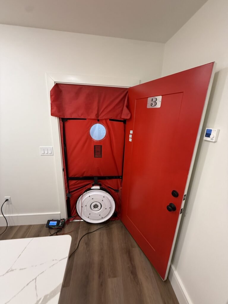 Blower door in an apartment entry door next to a marble kitchen counter – HEEC blower door testing for Florida, MA homes