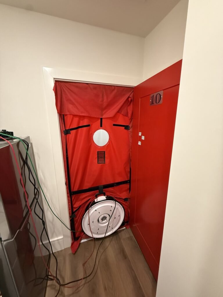 Blower door fan in an apartment unit door with tubing run to the gauge – HEEC blower door testing for Southampton, MA homes