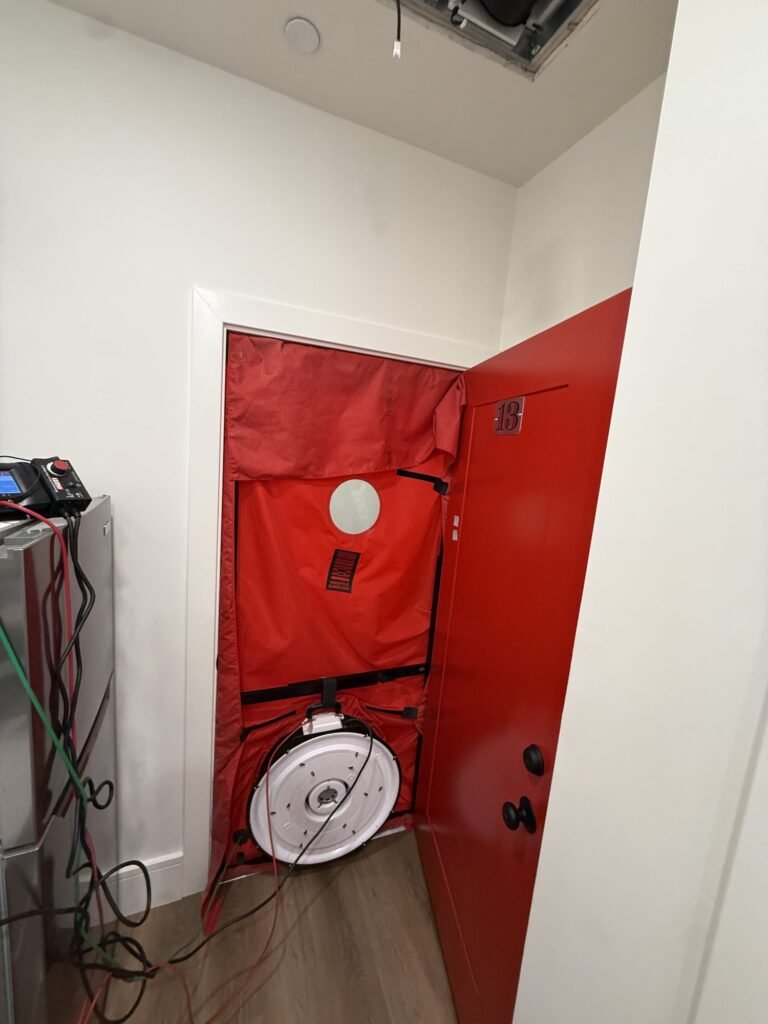 Blower door sealed into a red unit entry door with the gauge cart and an open ceiling access panel - blower door testing in Wellesley, MA