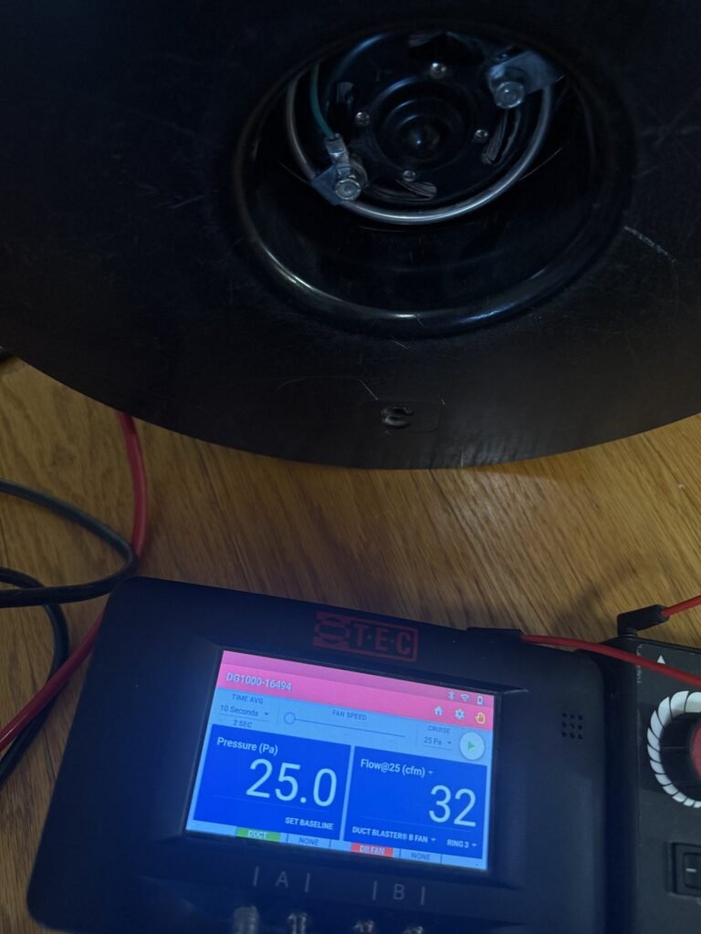 Duct Blaster gauge at 25 Pa test pressure reading 32 CFM25 of total duct leakage, a tight duct system – HEEC duct leakage testing for Essex, MA homes