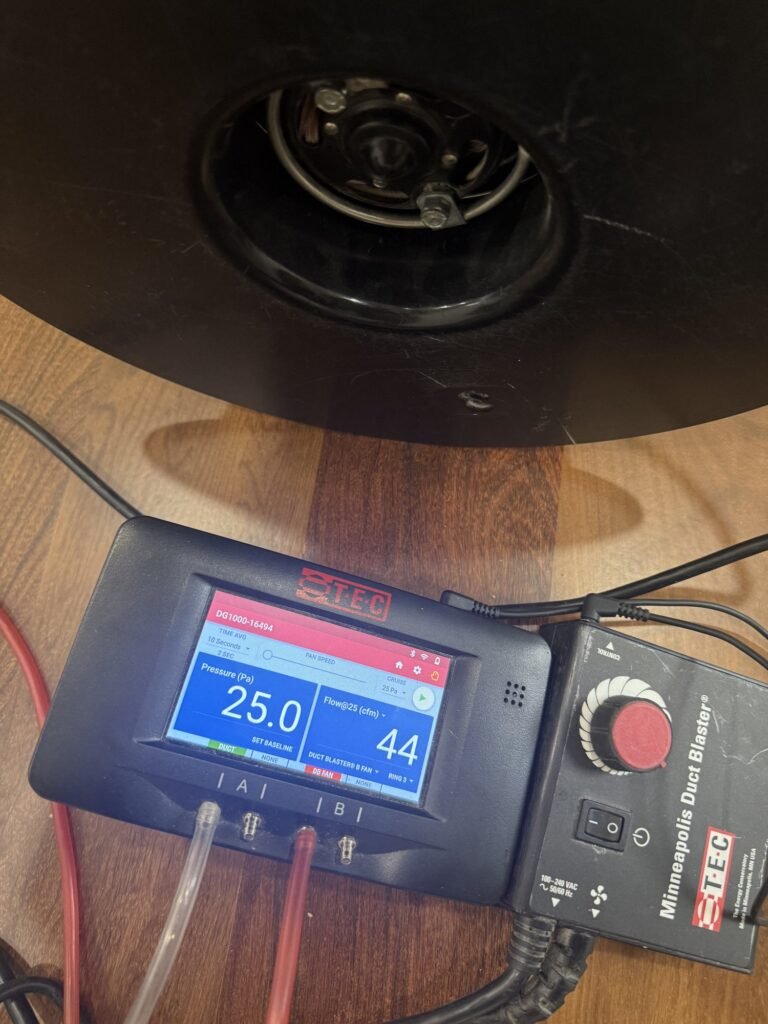 Duct Blaster gauge at 25 Pa test pressure reading 44 CFM25 of total duct leakage with the Minneapolis Duct Blaster controller – HEEC duct leakage testing for Agawam, MA homes