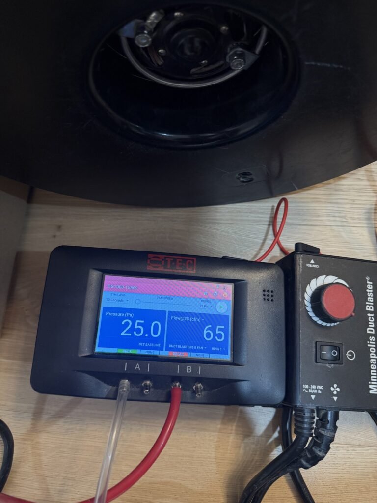 Close-up of a manometer reading 25 Pa during a duct leakage test - HERS rating in Ipswich, MA