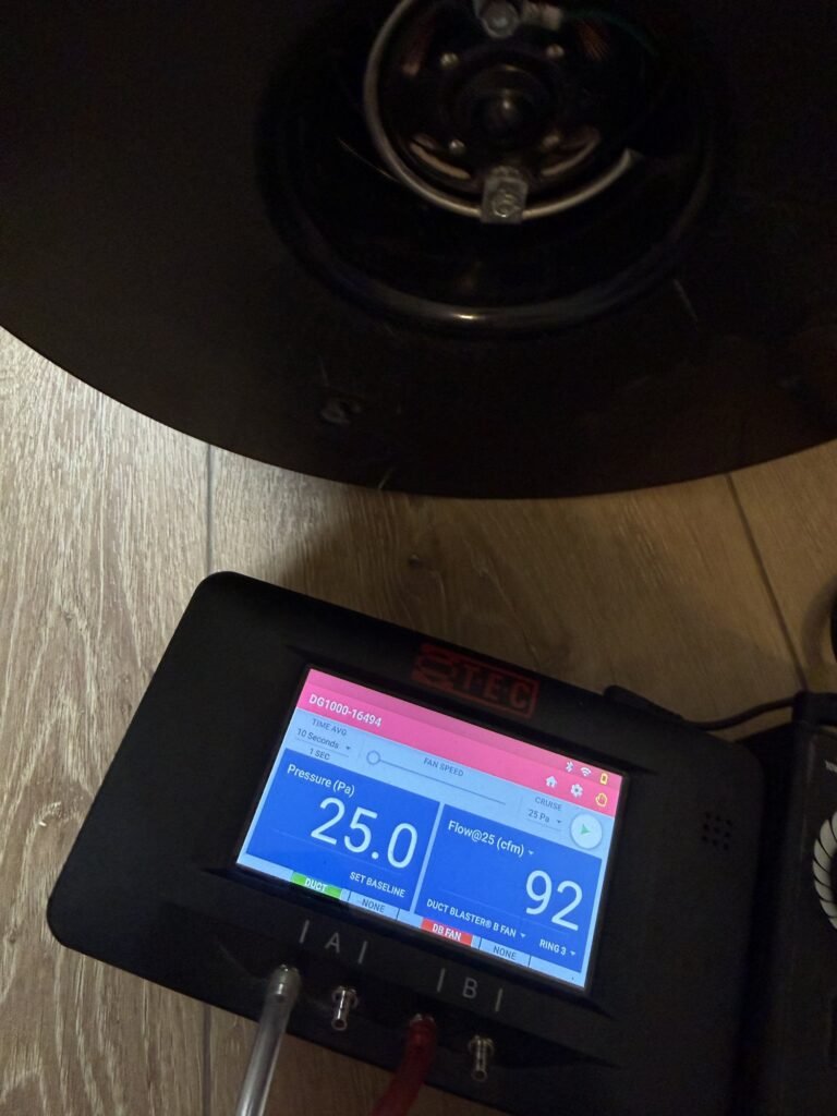 Duct Blaster gauge at 25 Pa test pressure reading 92 CFM25 of total duct leakage shown close up on the manometer screen – HEEC duct leakage testing for Southbridge, MA homes