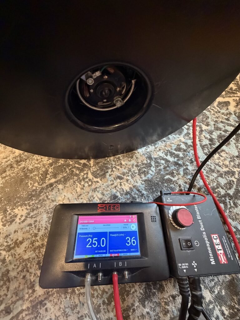Duct Blaster gauge at 25 Pa test pressure reading 36 CFM25 of total duct leakage on a patterned area rug – HEEC duct leakage testing for Brewster, MA homes
