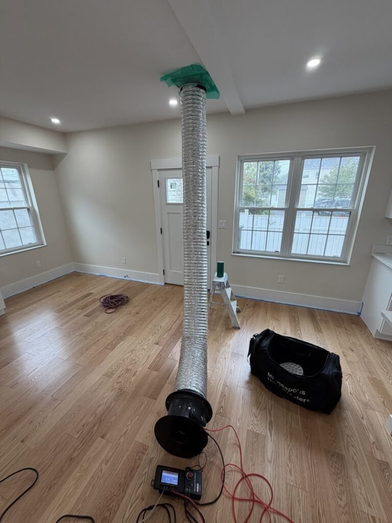 Duct Blaster hose taped to a ceiling return in a bright new-construction room with new windows – HEEC duct leakage testing for Marion, MA homes