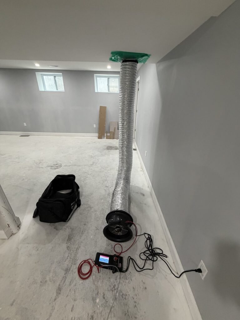 Duct Blaster set up in a finished basement with the hose sealed to a ceiling return grille – HEEC duct leakage testing for Boylston, MA homes