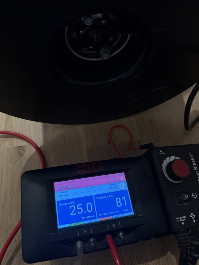 Duct Blaster gauge at 25 Pa test pressure reading 81 CFM25 of total duct leakage at the end of a duct test – HEEC duct leakage testing for Windsor, MA homes