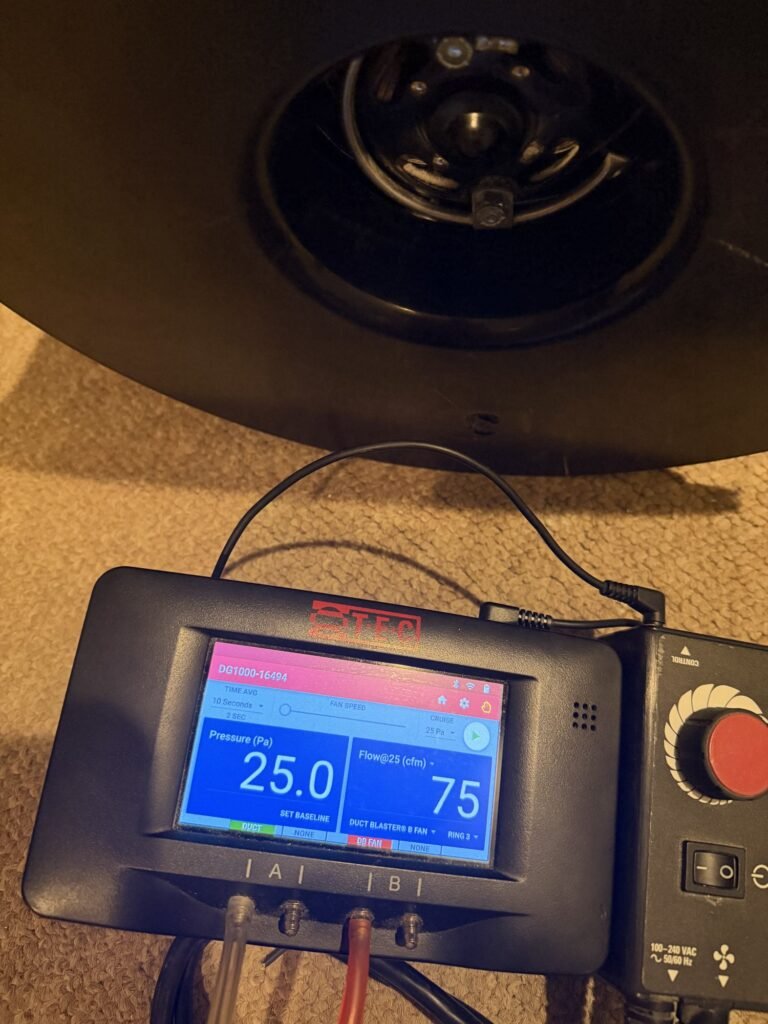 Duct Blaster gauge at 25 Pa test pressure reading 75 CFM25 of total duct leakage on carpet – HEEC duct leakage testing for Wellesley, MA homes