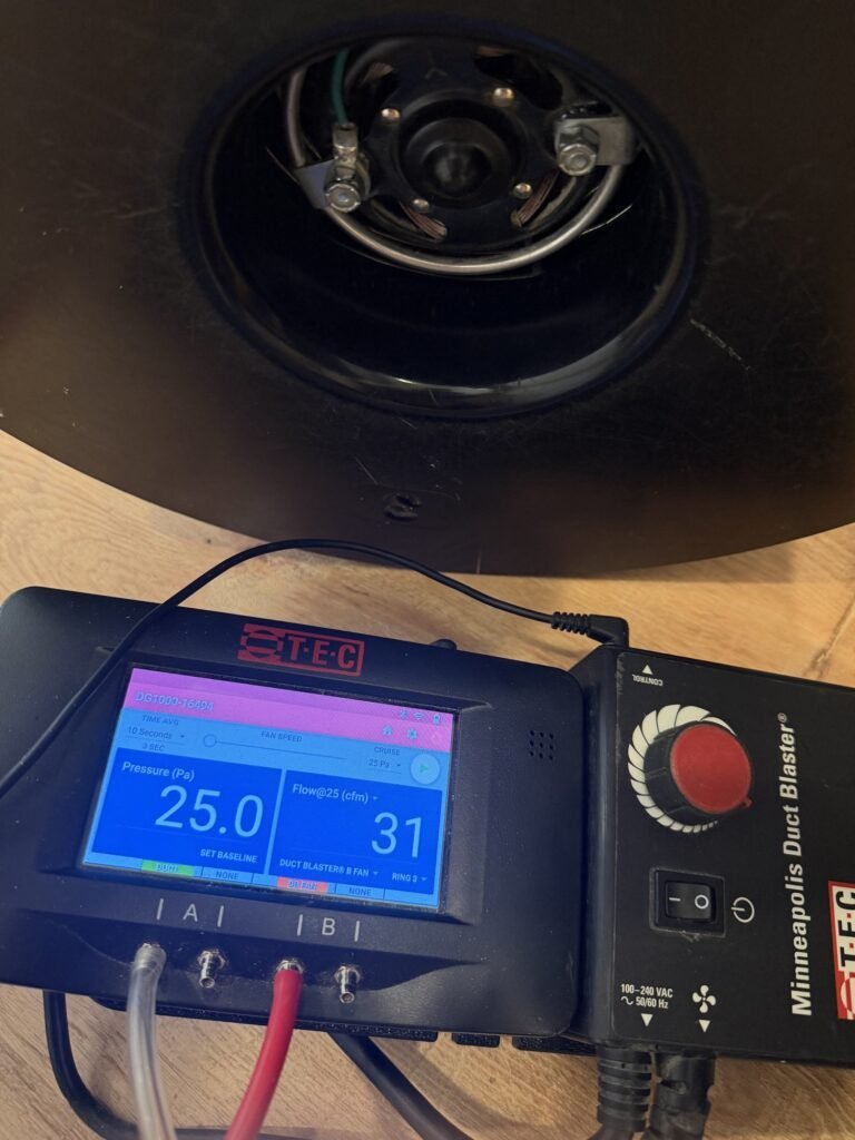 Duct Blaster gauge at 25 Pa test pressure reading 31 CFM25 of total duct leakage, well under a typical code limit for a mid-size home – HEEC duct leakage testing for Marion, MA homes