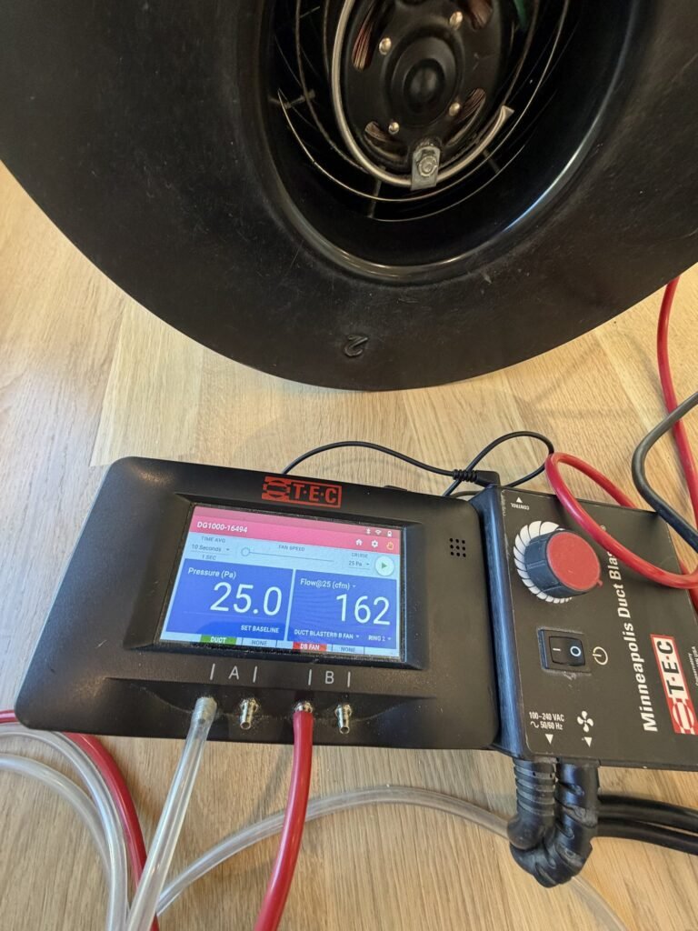 Gauge reading 25.0 Pa and 162 CFM with red and clear pressure tubing attached - duct leakage testing in Acton, MA