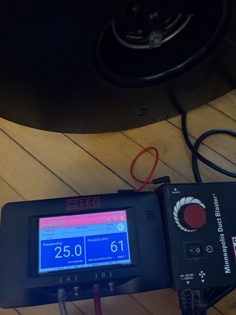 Duct Blaster gauge at 25 Pa test pressure reading 61 CFM25 of total duct leakage in a dim room – HEEC duct leakage testing for Granby, MA homes