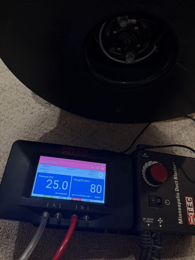 Duct tester display showing 25 pascals and 80 CFM in front of the fan - HERS rating in Ashburnham, MA