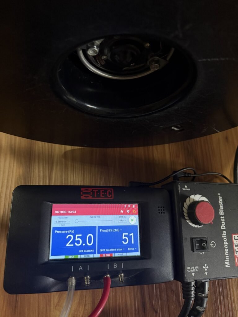 Duct Blaster gauge at 25 Pa test pressure reading 51 CFM25 of total duct leakage on a hardwood floor – HEEC duct leakage testing for West Bridgewater, MA homes