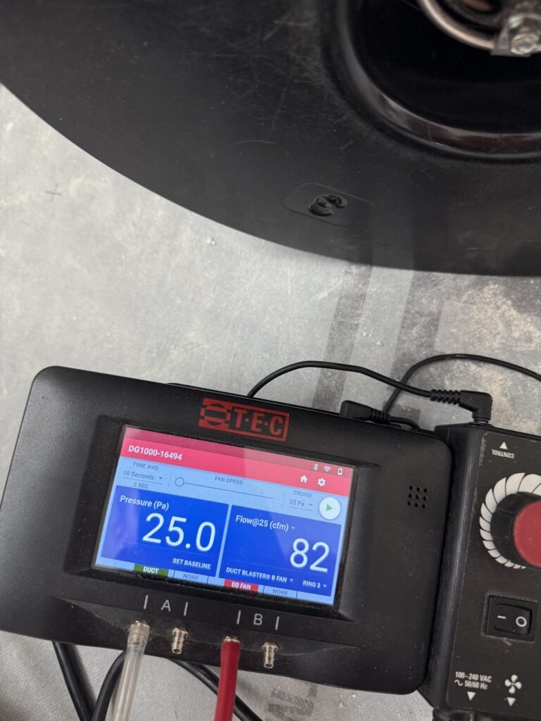 Duct test gauge reading 25 pascals and 82 CFM - HERS rating in Carver, MA