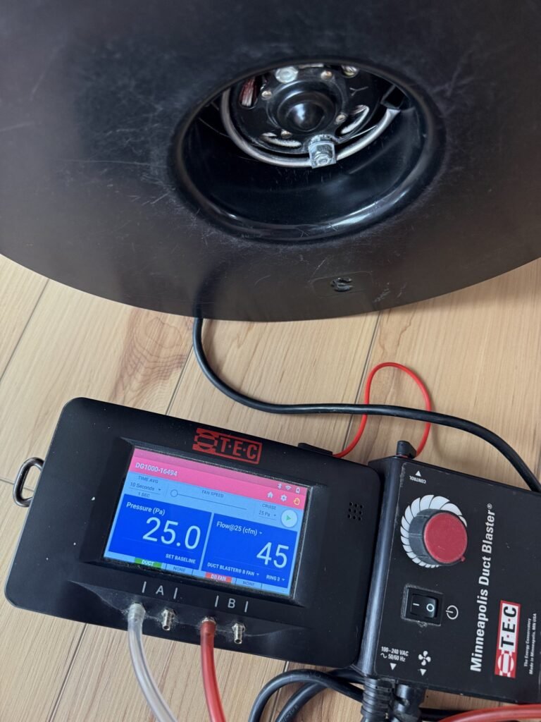 Duct Blaster gauge at 25 Pa test pressure reading 45 CFM25 of total duct leakage with tubing to the fan – HEEC duct leakage testing for Sharon, MA homes