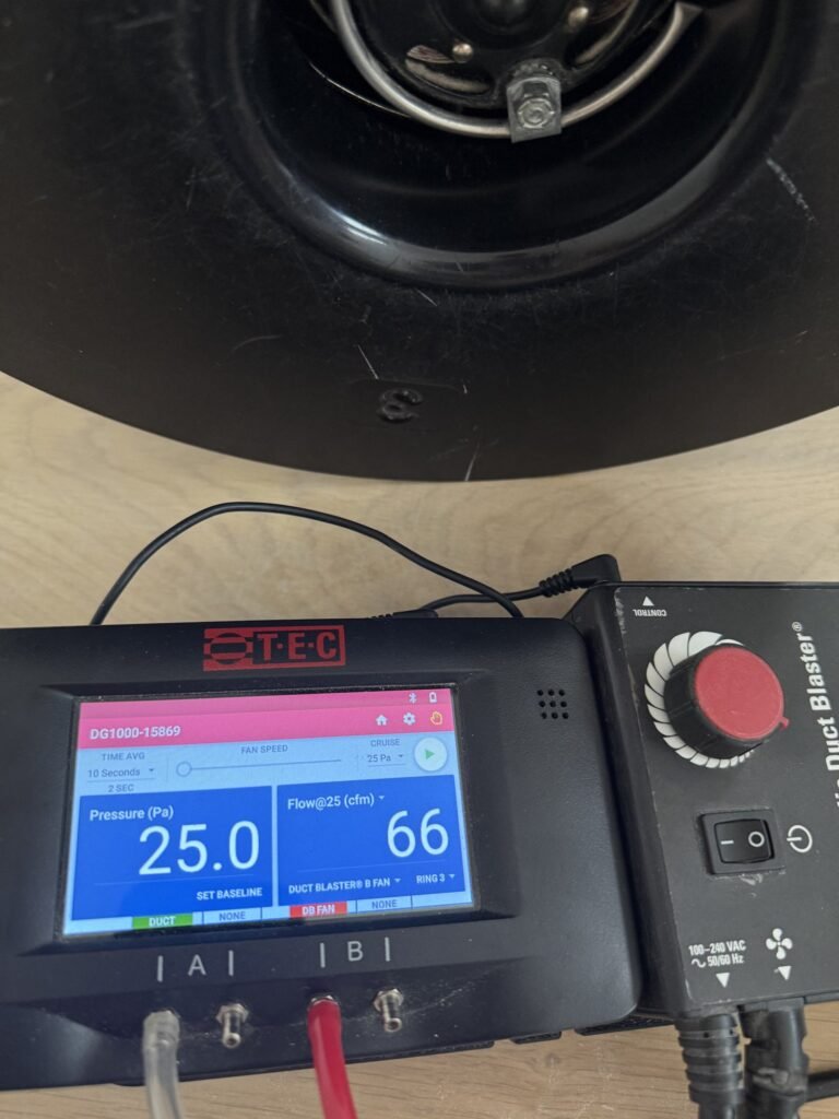 Duct Blaster gauge at 25 Pa test pressure reading 66 CFM25 of total duct leakage during a final inspection – HEEC duct leakage testing for Melrose, MA homes