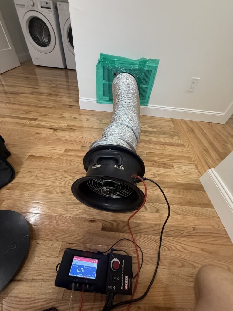 Duct test fan and flex duct on a hardwood floor near a laundry closet - HERS rating in Mount Washington, MA