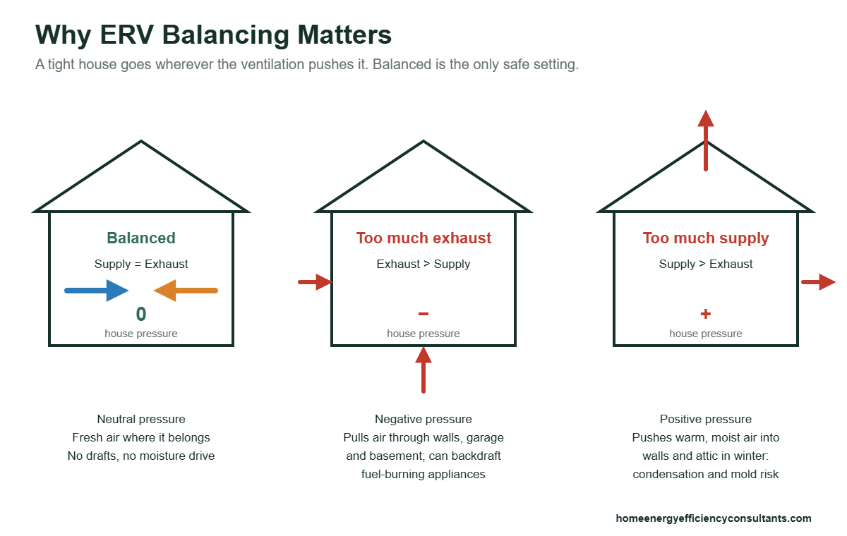 Why ERV balancing matters: diagram of positive and negative house pressure from unbalanced supply and exhaust airflow