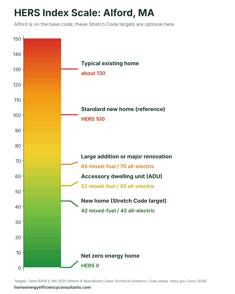HERS Index scale from 0 to 150 showing the HERS targets for new homes, ADUs and renovations - HERS rating in Alford, MA
