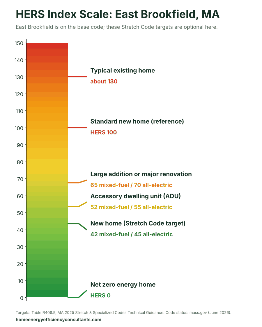 HERS Index scale from 0 to 150 showing the HERS targets for new homes, ADUs and renovations - HERS rating in East Brookfield, MA