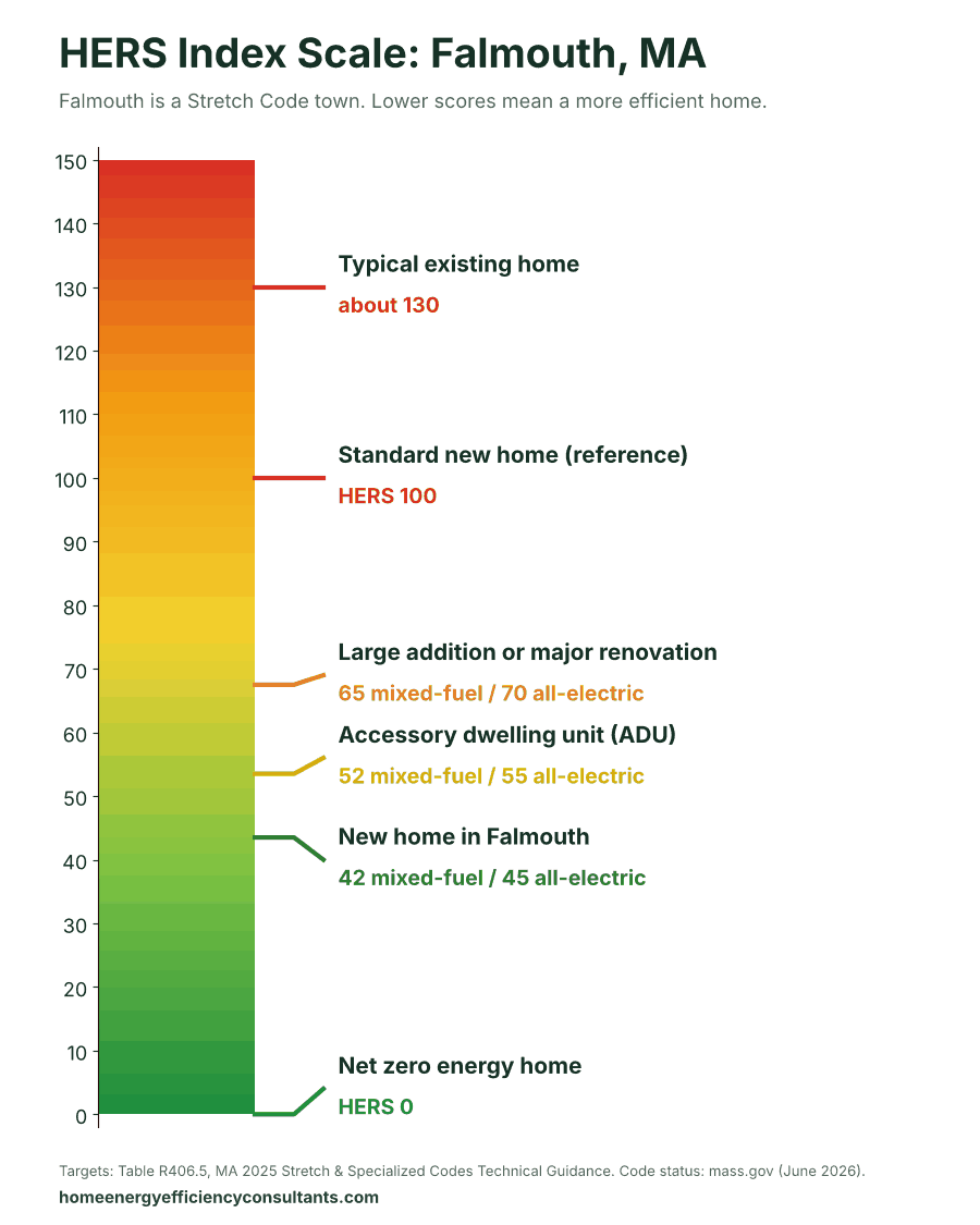 HERS Index scale from 0 to 150 showing the HERS targets for new homes, ADUs and renovations - HERS rating in Falmouth, MA