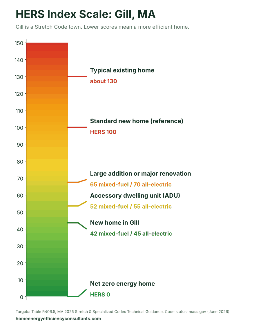 HERS Index scale from 0 to 150 showing the HERS targets for new homes, ADUs and renovations - HERS rating in Gill, MA