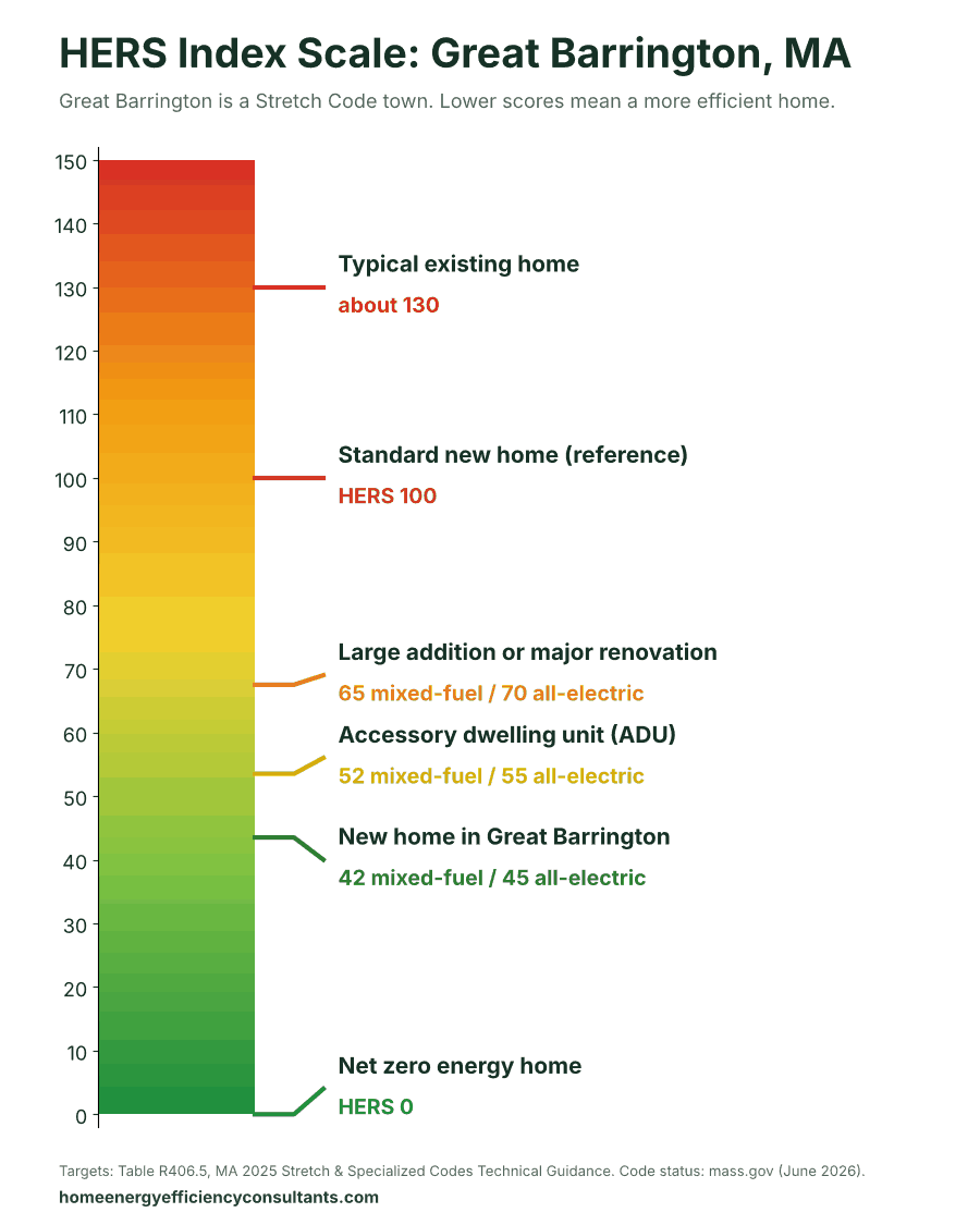 HERS Index scale from 0 to 150 showing the HERS targets for new homes, ADUs and renovations - HERS rating in Great Barrington, MA