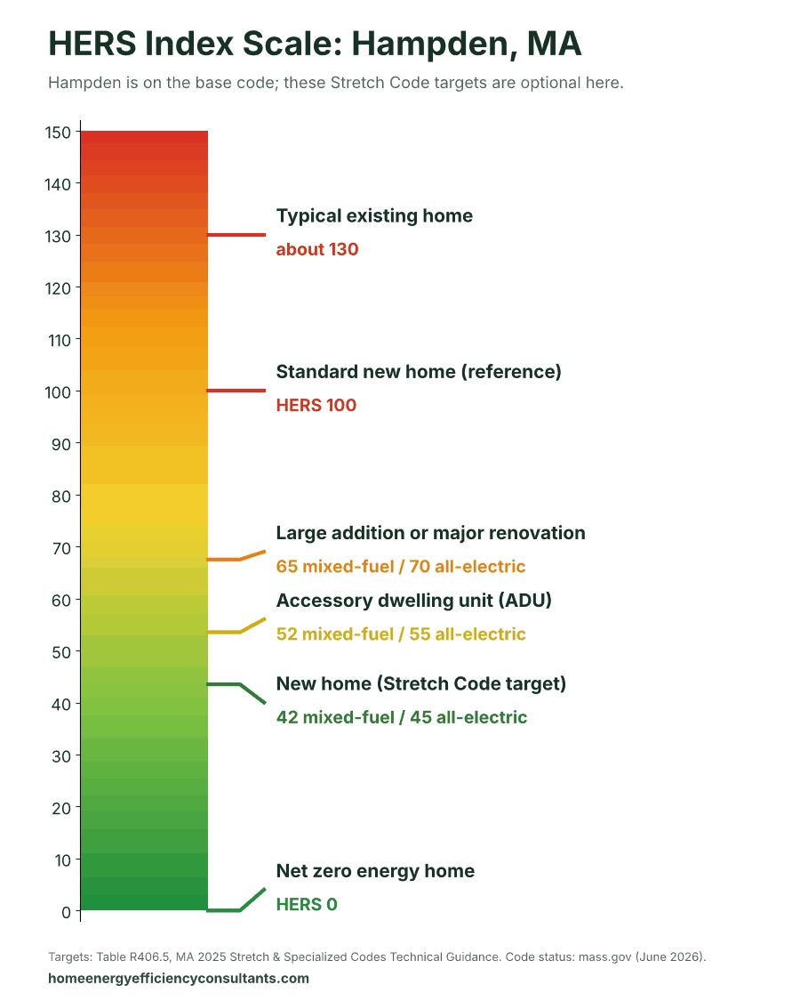 HERS Index scale from 0 to 150 showing the HERS targets for new homes, ADUs and renovations - HERS rating in Hampden, MA