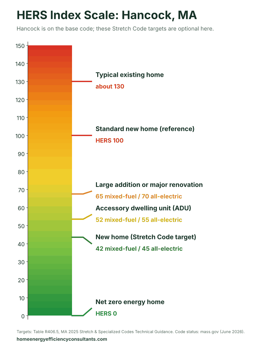 HERS Index scale from 0 to 150 showing the HERS targets for new homes, ADUs and renovations - HERS rating in Hancock, MA