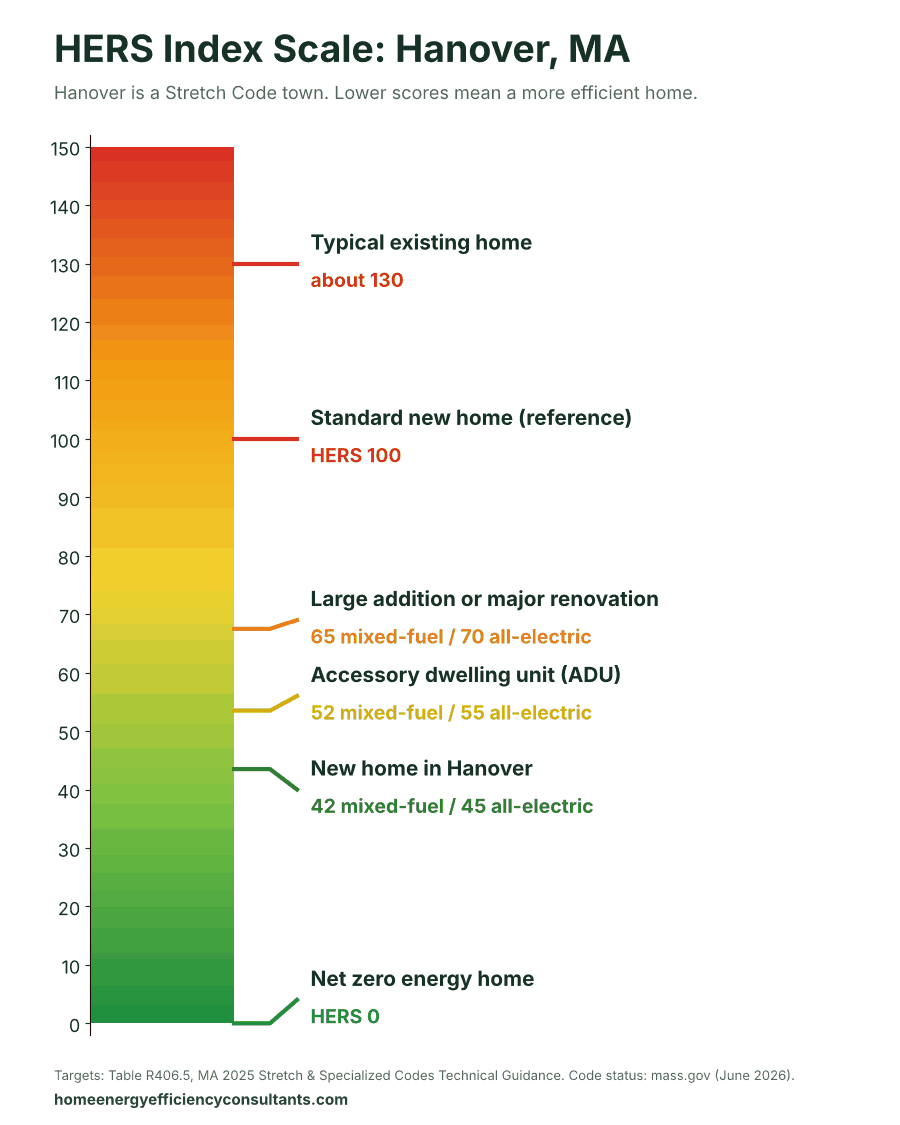 HERS Index scale from 0 to 150 showing the HERS targets for new homes, ADUs and renovations - HERS rating in Hanover, MA