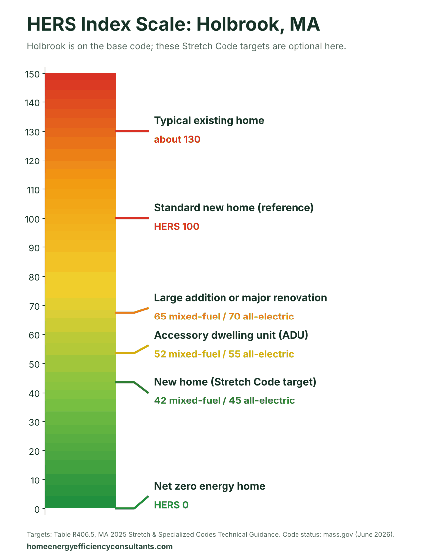 HERS Index scale from 0 to 150 showing the HERS targets for new homes, ADUs and renovations - HERS rating in Holbrook, MA
